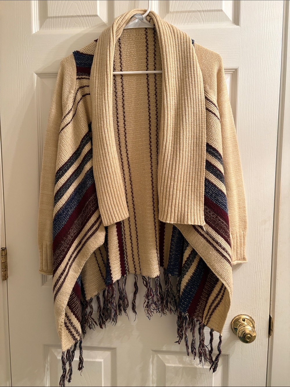 Quinn Beige Open-Front Fringe Knit Cardigan with Stripes